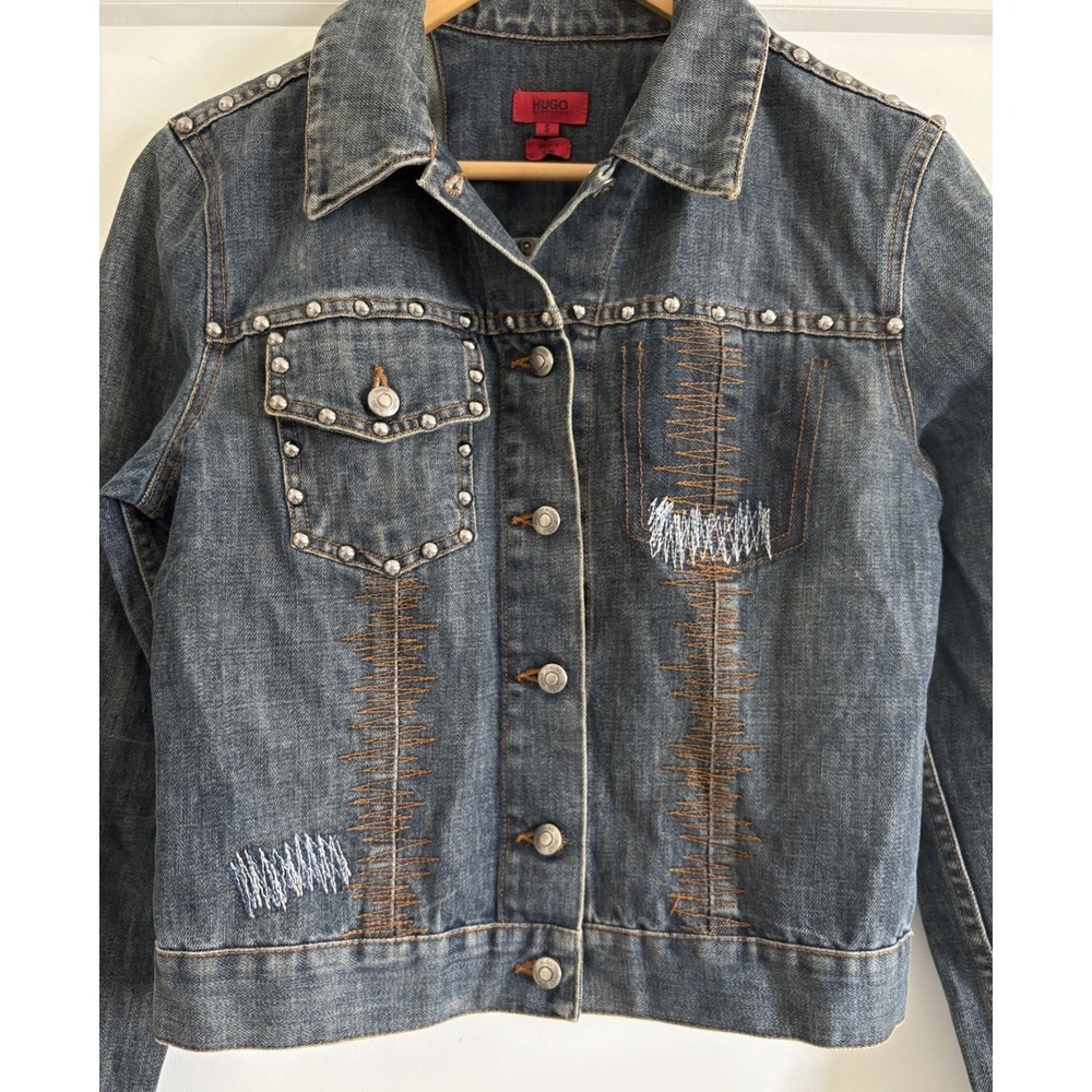 Vtg HUGO Boss Womens S Studded Denim Jacket Reworked Custom Sashiko Patch Italy
